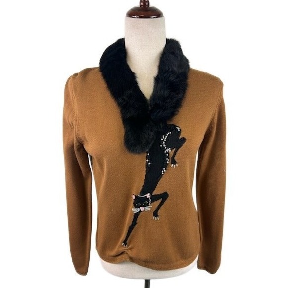 Michael Simon Sweaters - RARE Vintage Y2K Michael Simon Brown Black Cat Sweater Fur Collar Size‎ Small